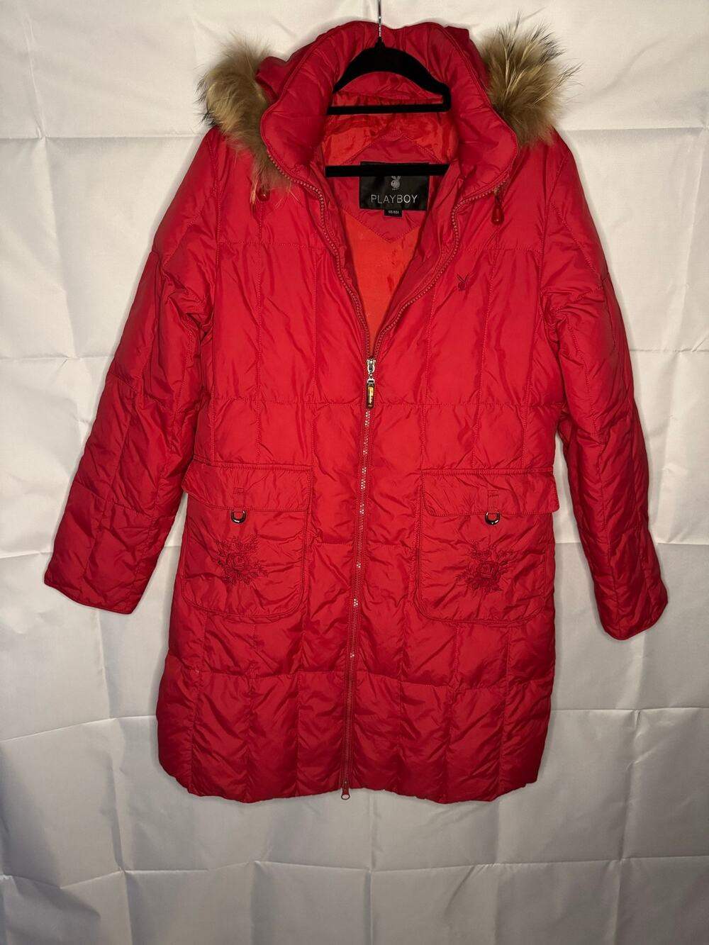 Vintage 90’s Playboy Womens Down Puffer Two Way Zip Fur Bordered Hood M Coat